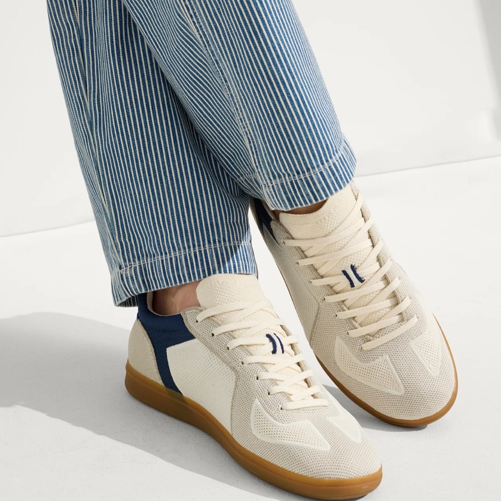 Rothy's Cream and Blue Sneakers with Retro Design